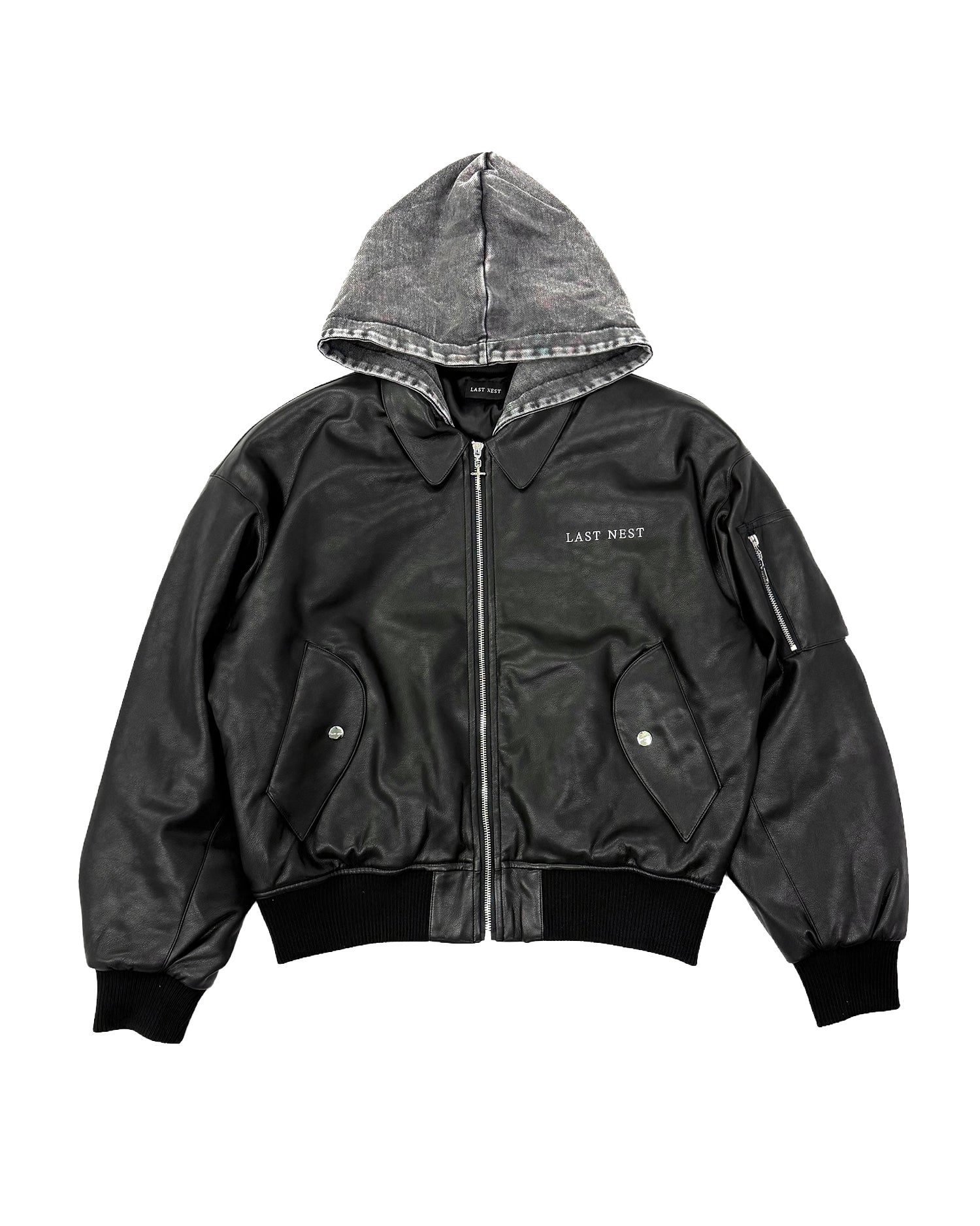 Hooded Faux Leather Flight Jacket / Black｜LAST NEST Official