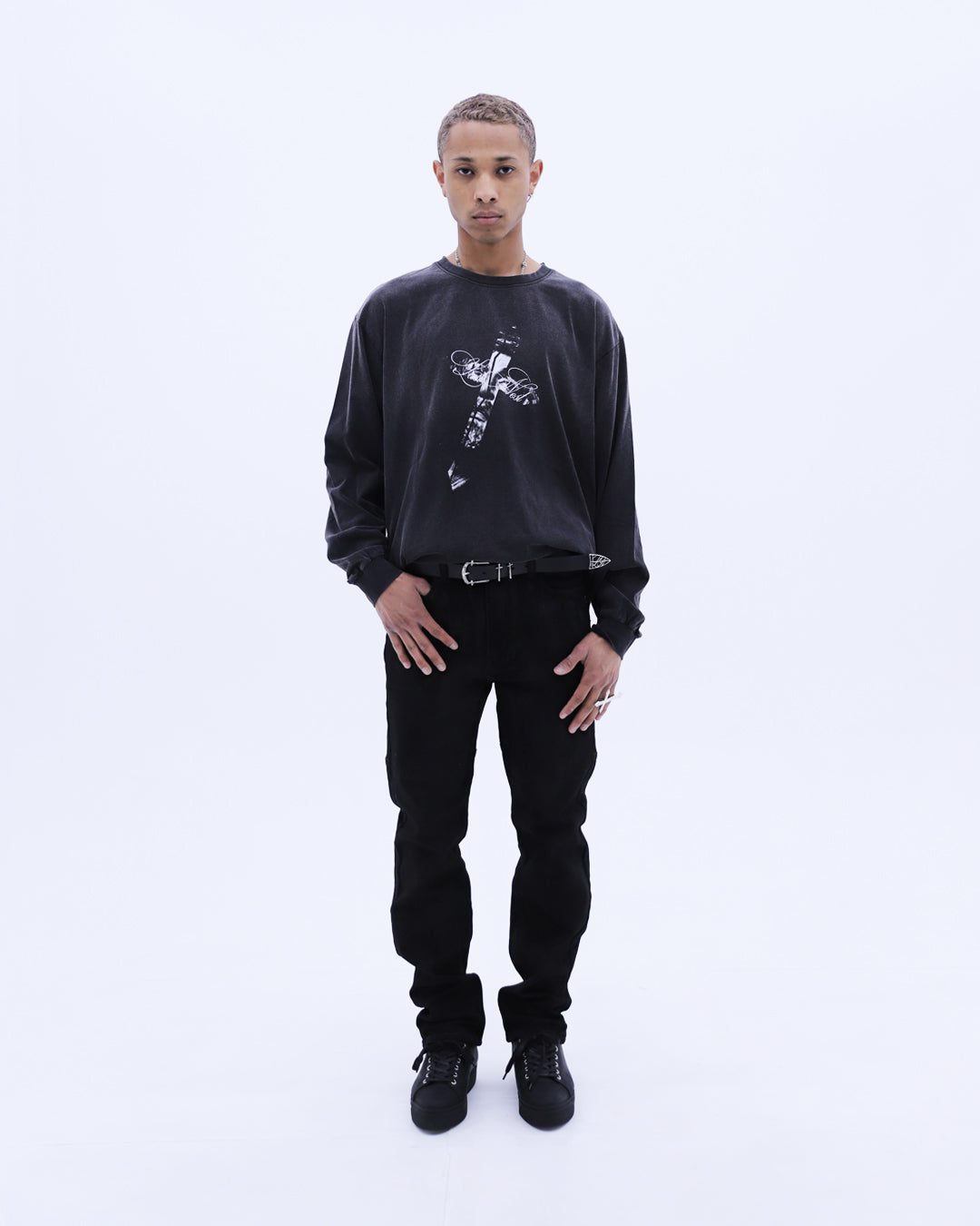 Jesus Cross Washed L/S T-Shirt / Wash Black