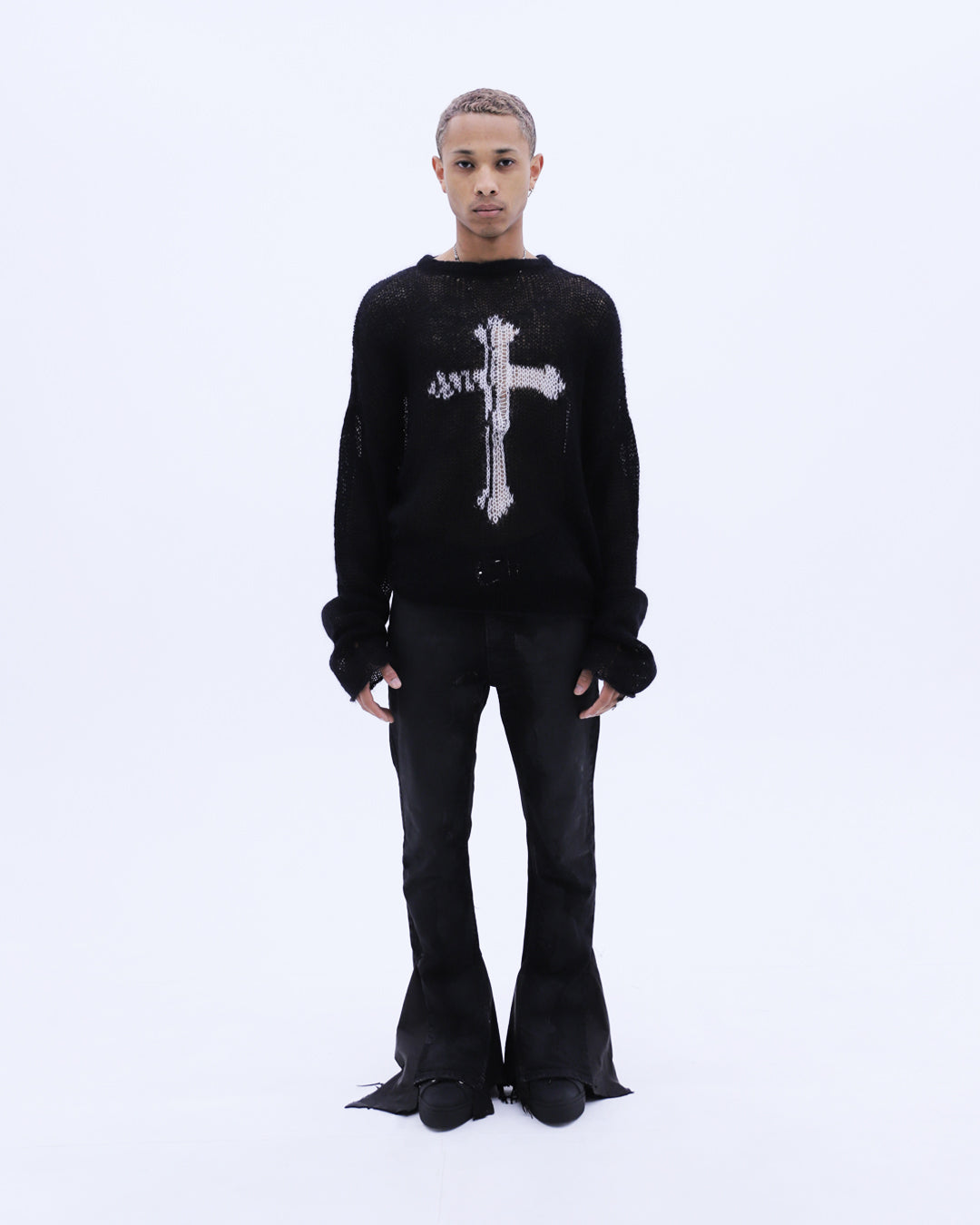 Cross See-through Knit Sweater / Black