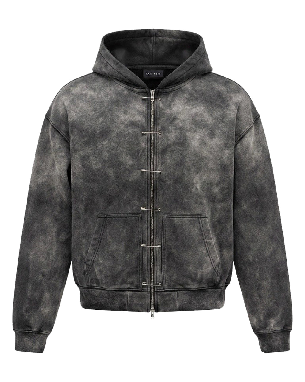 Safety Pin Washed Zip Hoodie / Black