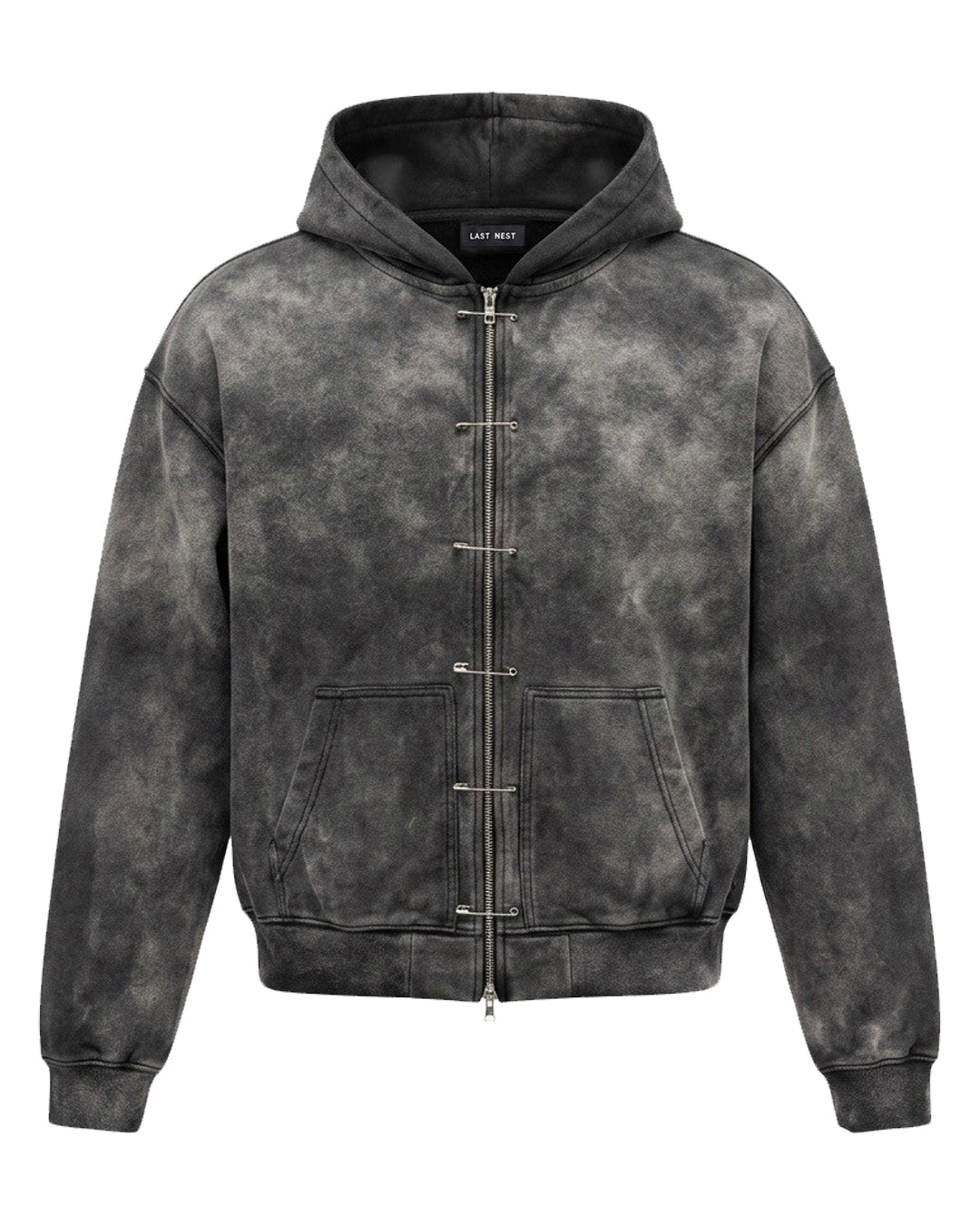Safety Pin Washed Zip Hoodie / Black