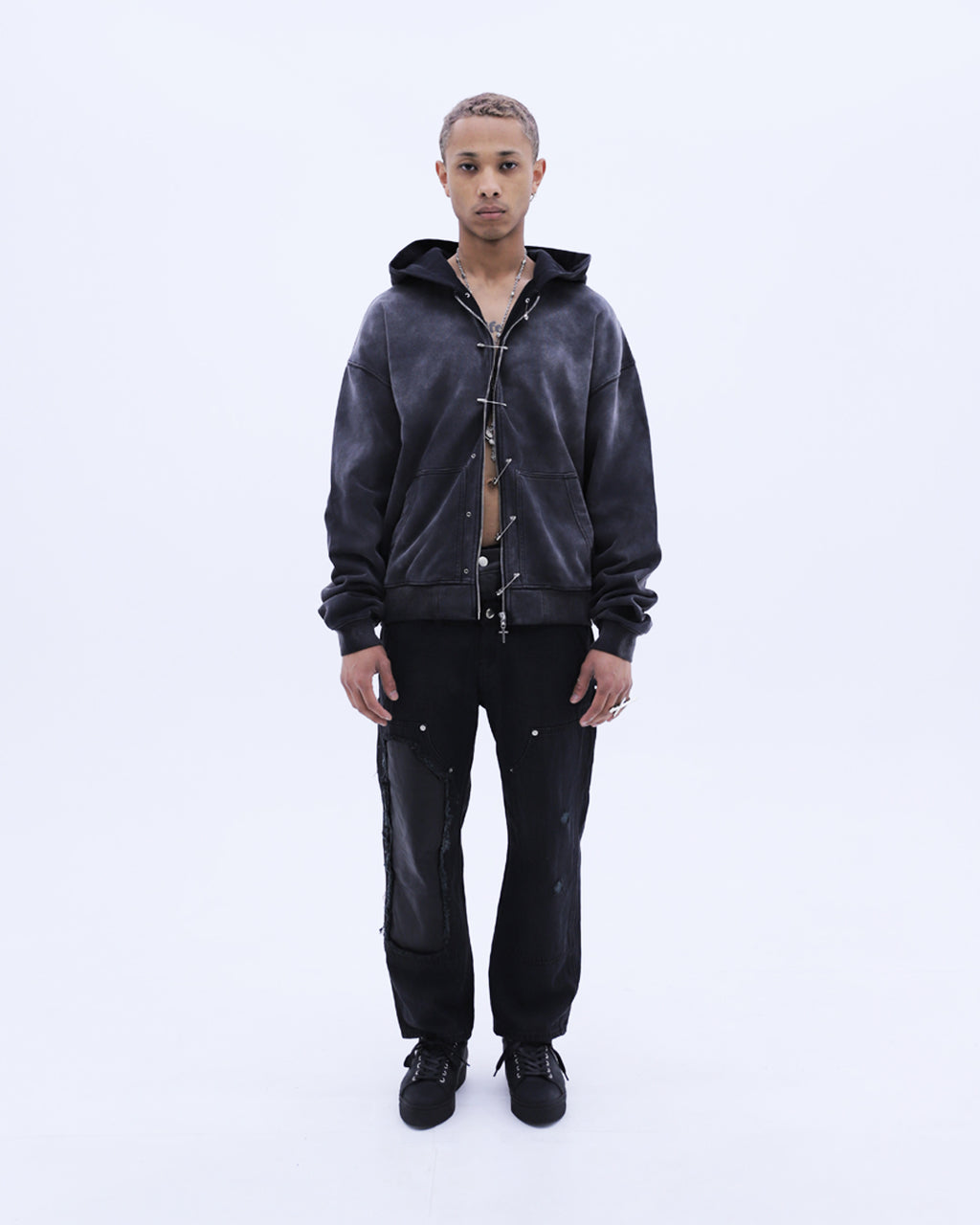 Safety Pin Washed Zip Hoodie / Black
