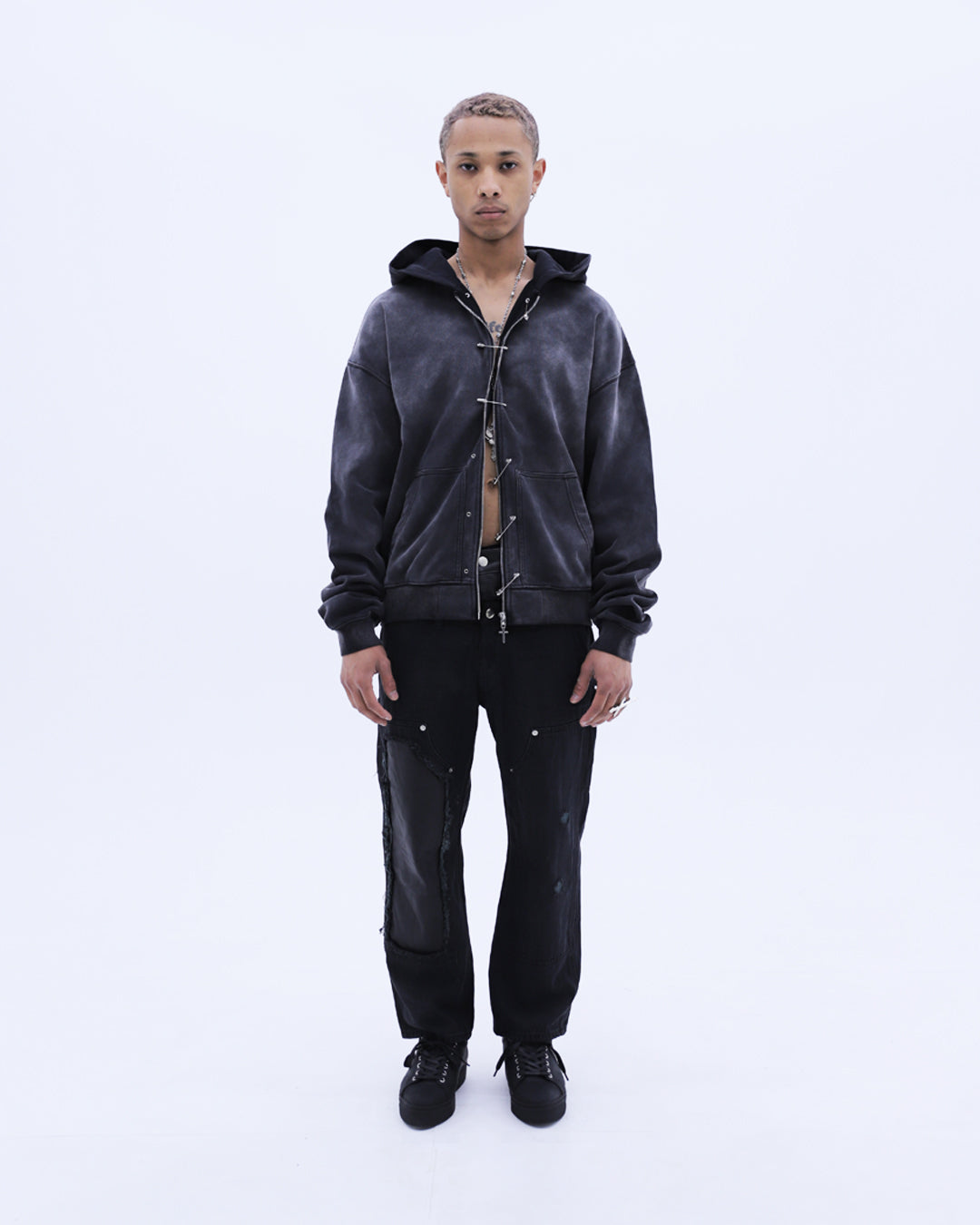 Safety Pin Washed Zip Hoodie / Black