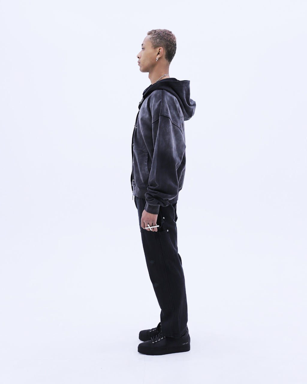 Safety Pin Washed Zip Hoodie / Black