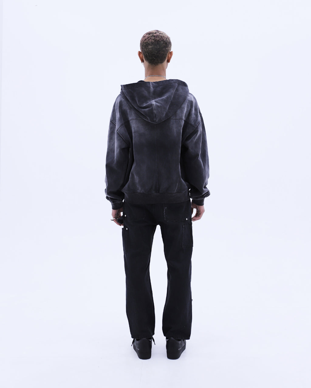 Safety Pin Washed Zip Hoodie / Black