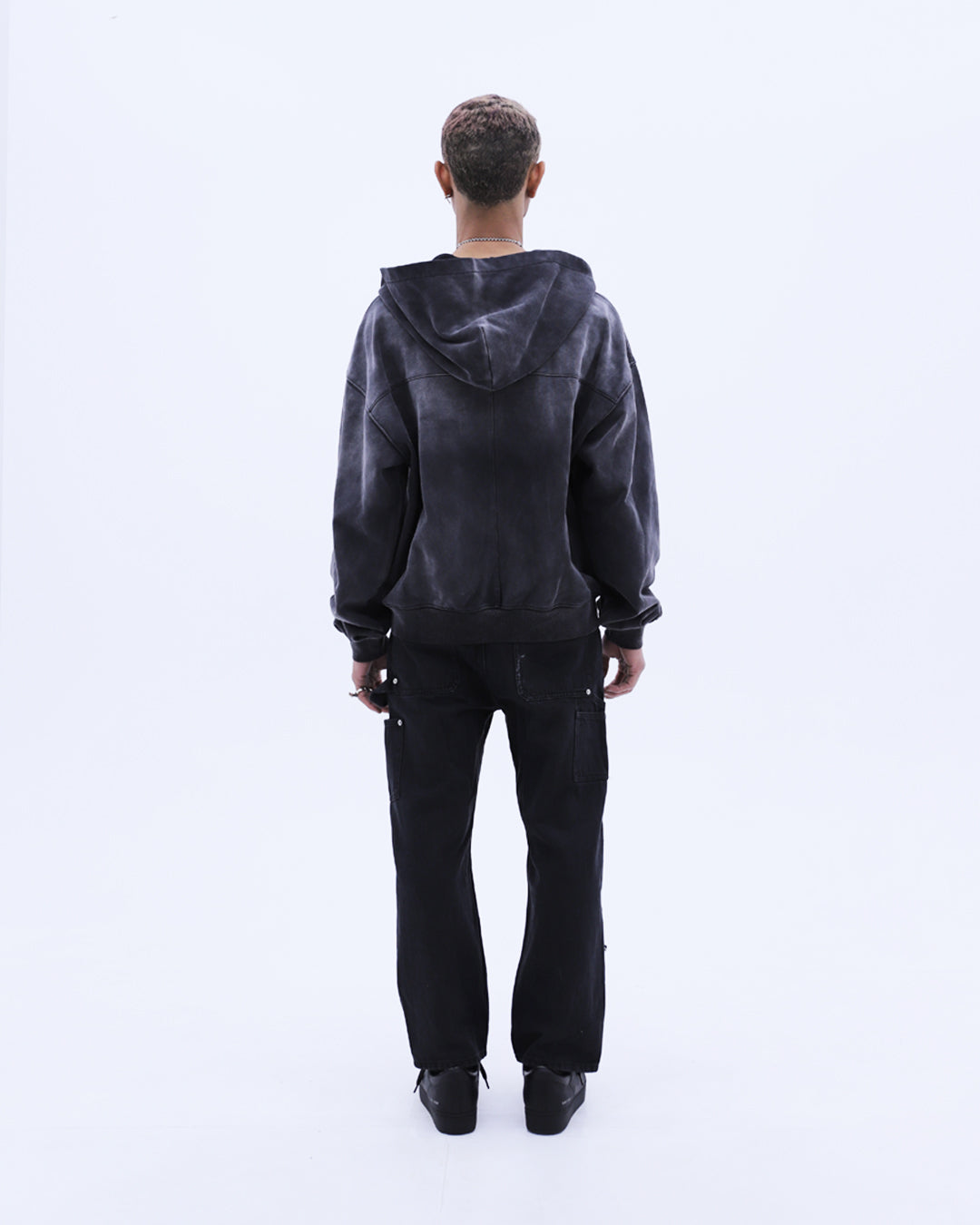 Safety Pin Washed Zip Hoodie / Black