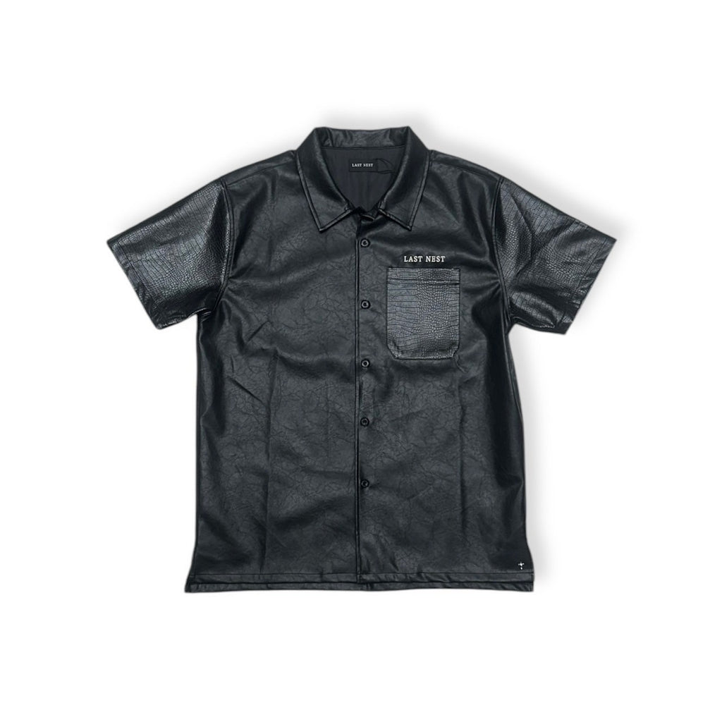 Leather Switching S/S Shirts / Black