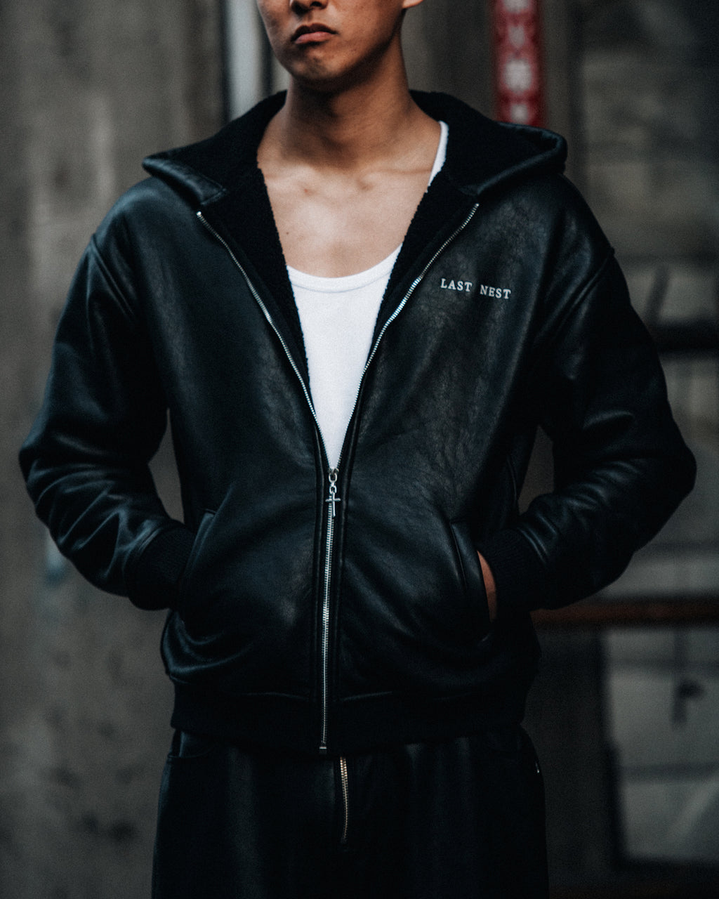 Faux Leather Boa Hoodie / Black