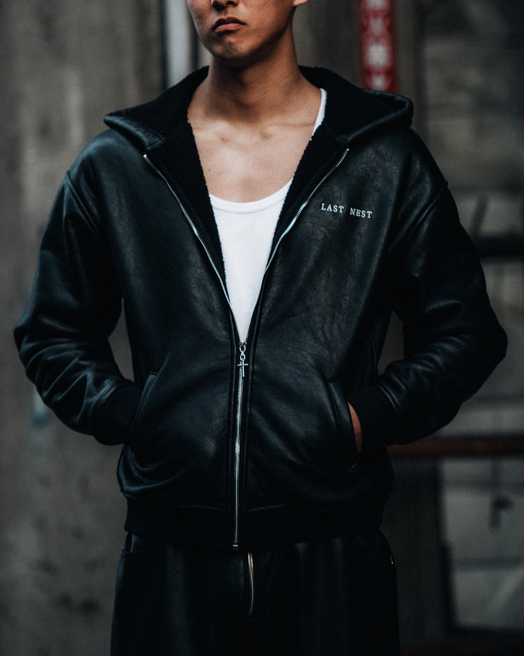 Faux Leather Boa Hoodie / Black