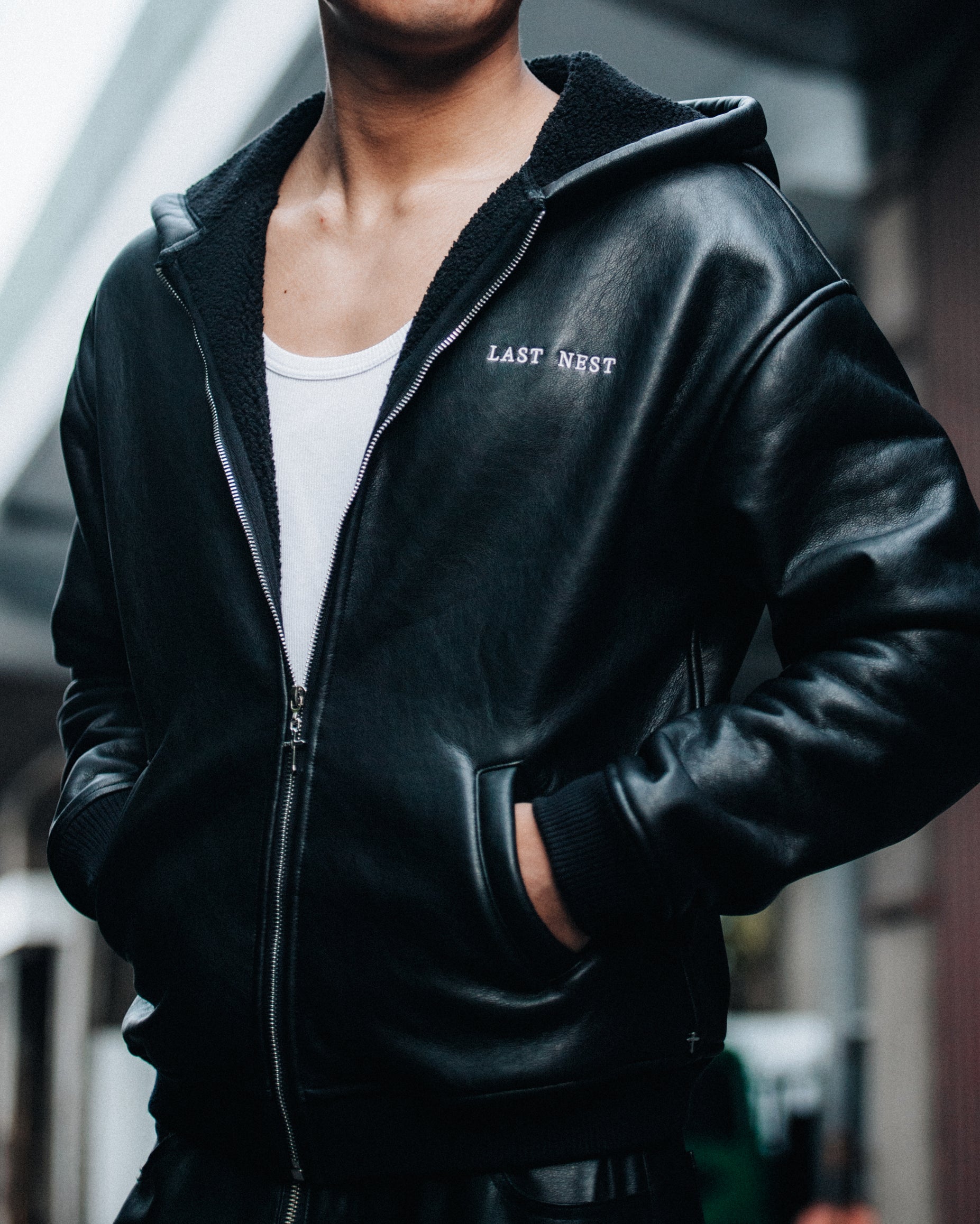 Faux Leather Boa Hoodie / Black