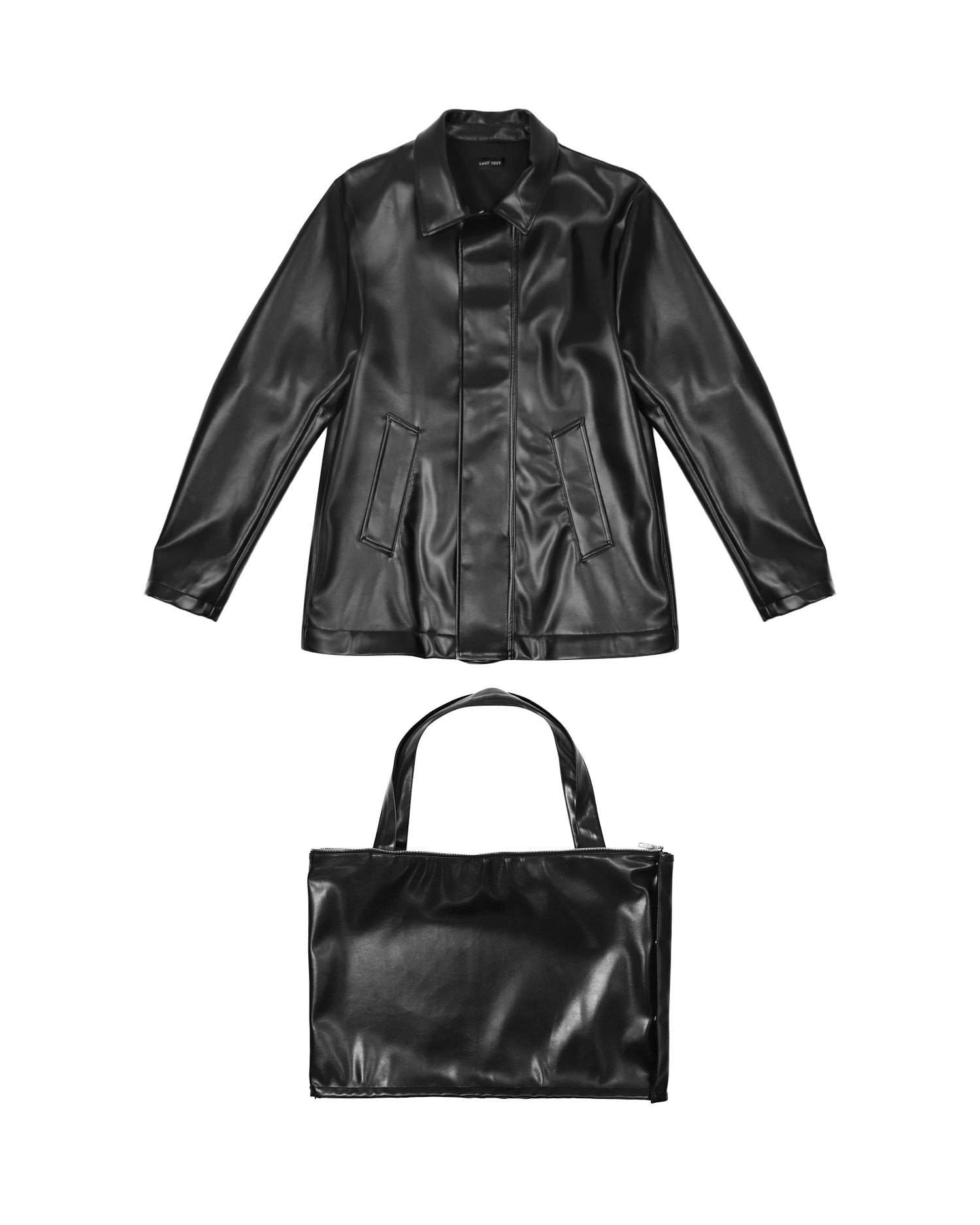 Faux Leather Coat w/Tote Bag / Black