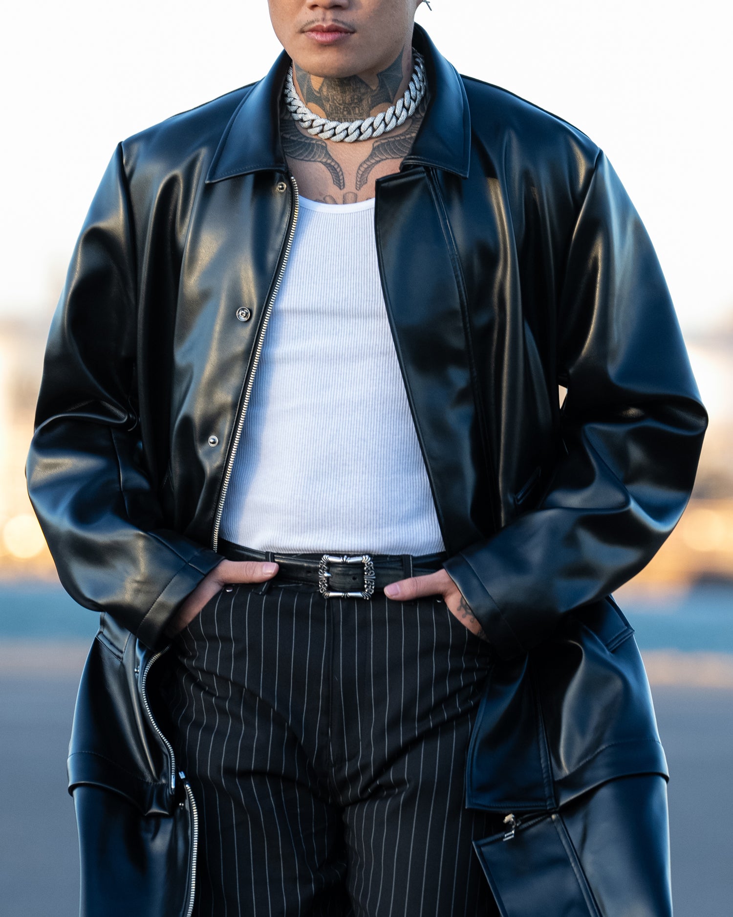 Faux Leather Coat w/Tote Bag / Black