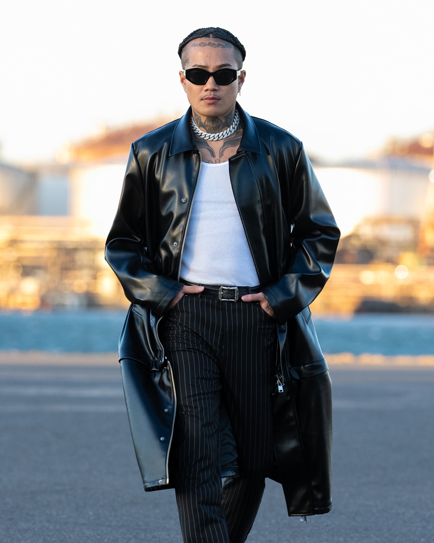 Faux Leather Coat w/Tote Bag / Black