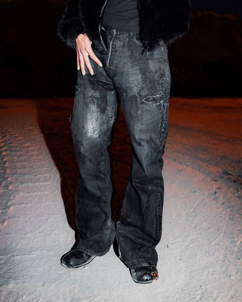Coating Denim Flare Pants / Black