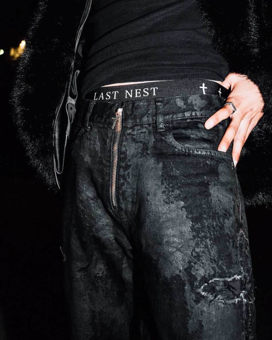 LASTNEST コーティングデニム Coating Denim Flare Pants / Black｜LAST NEST Official Online Site