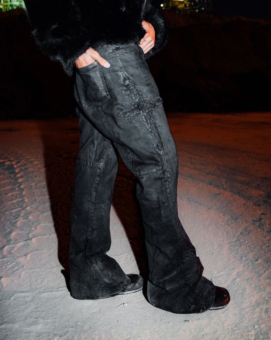 Coating Denim Flare Pants / Black