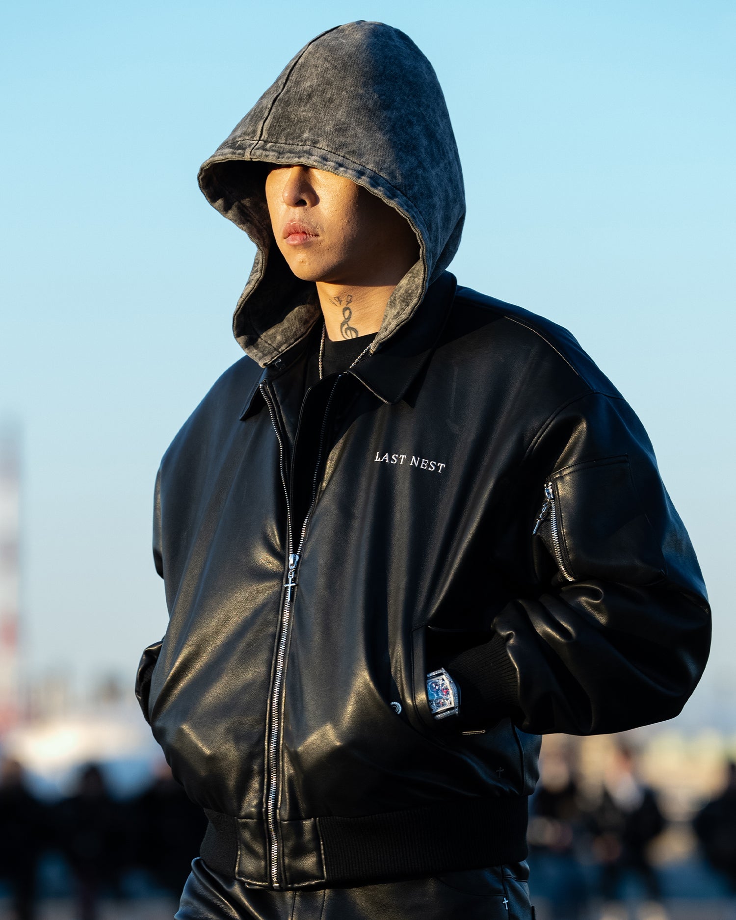 LAST NEST フード付きレザージャケット Hooded Faux Leather Flight Jacket / Black｜LAST NEST Official