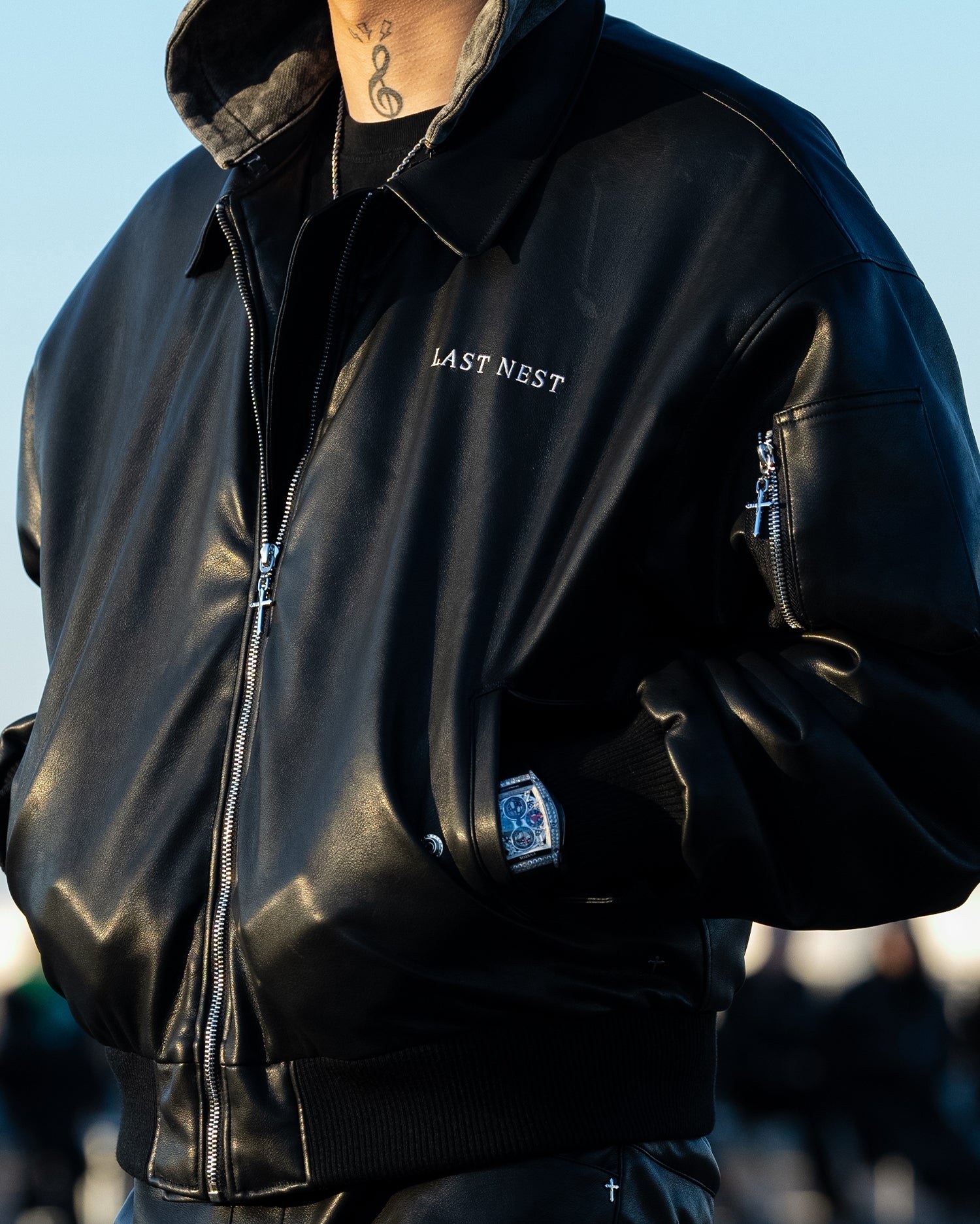 Hooded Faux Leather Flight Jacket / Black｜LAST NEST Official