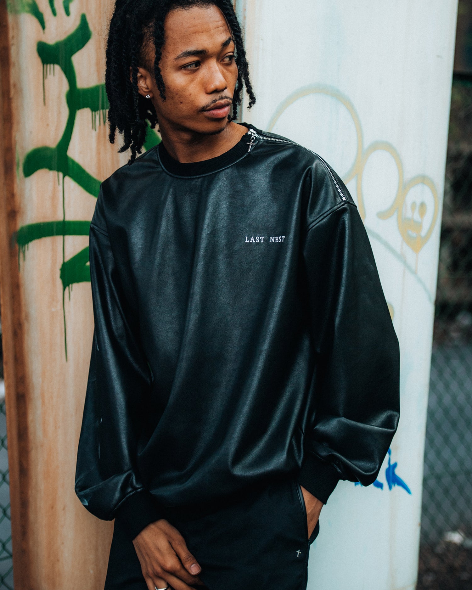 Faux Leather Crewneck / Black