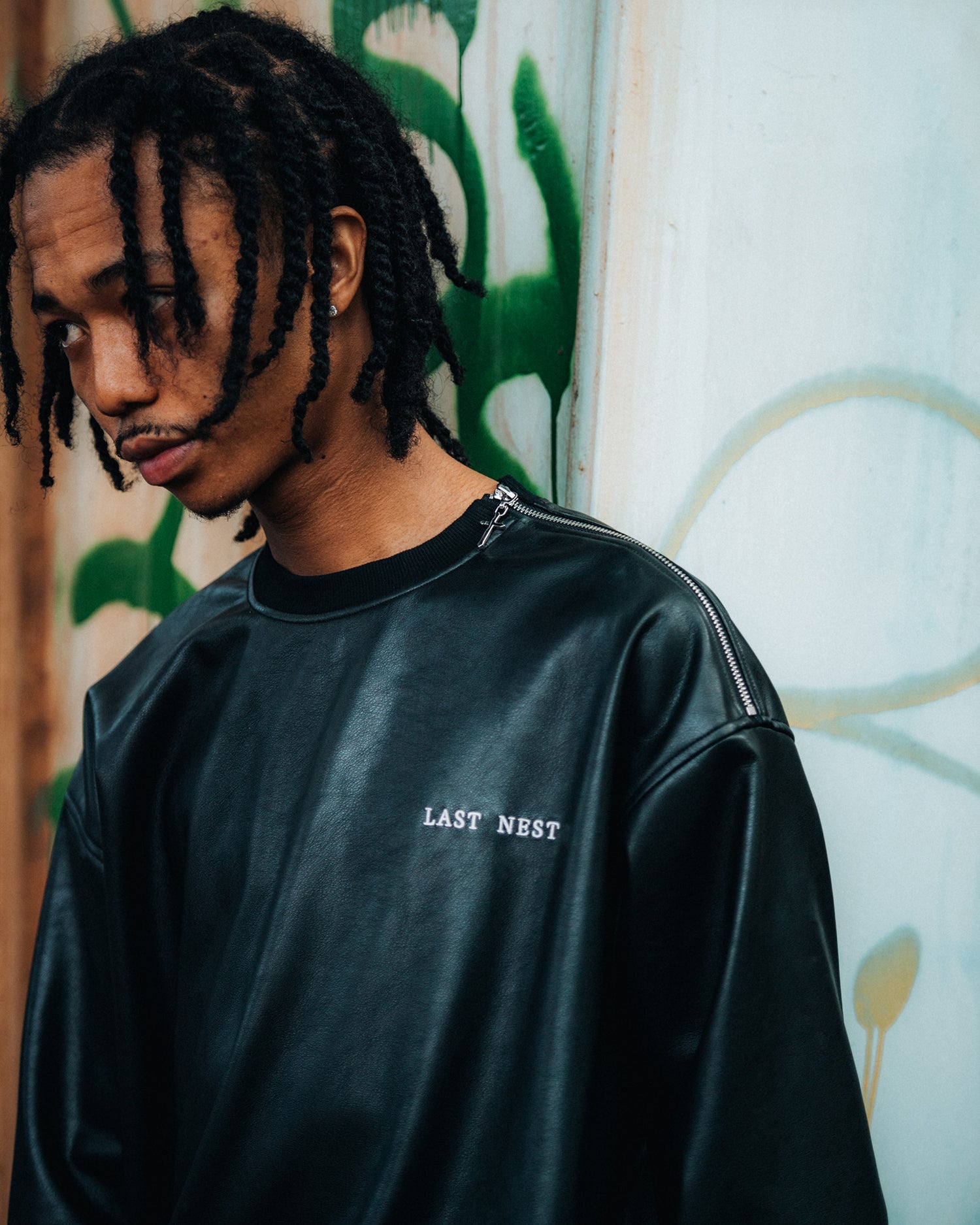 Faux Leather Crewneck / Black