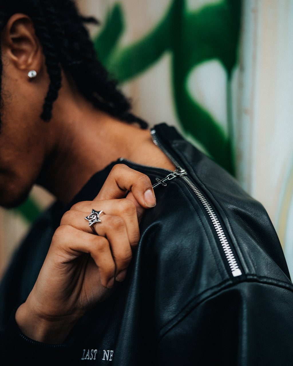 Faux Leather Crewneck / Black