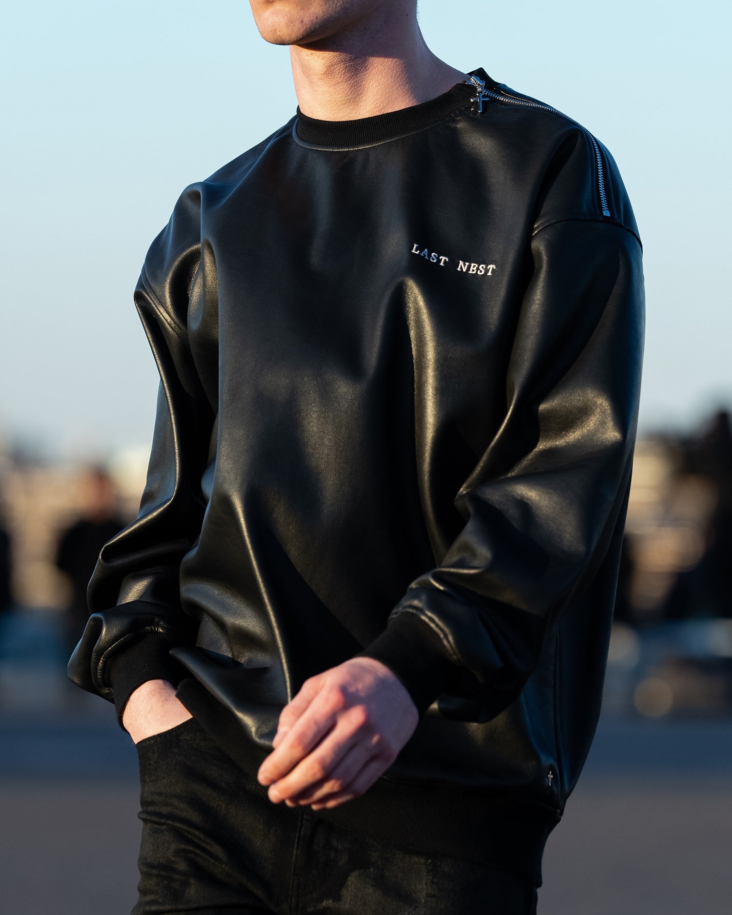 Faux Leather Crewneck / Black