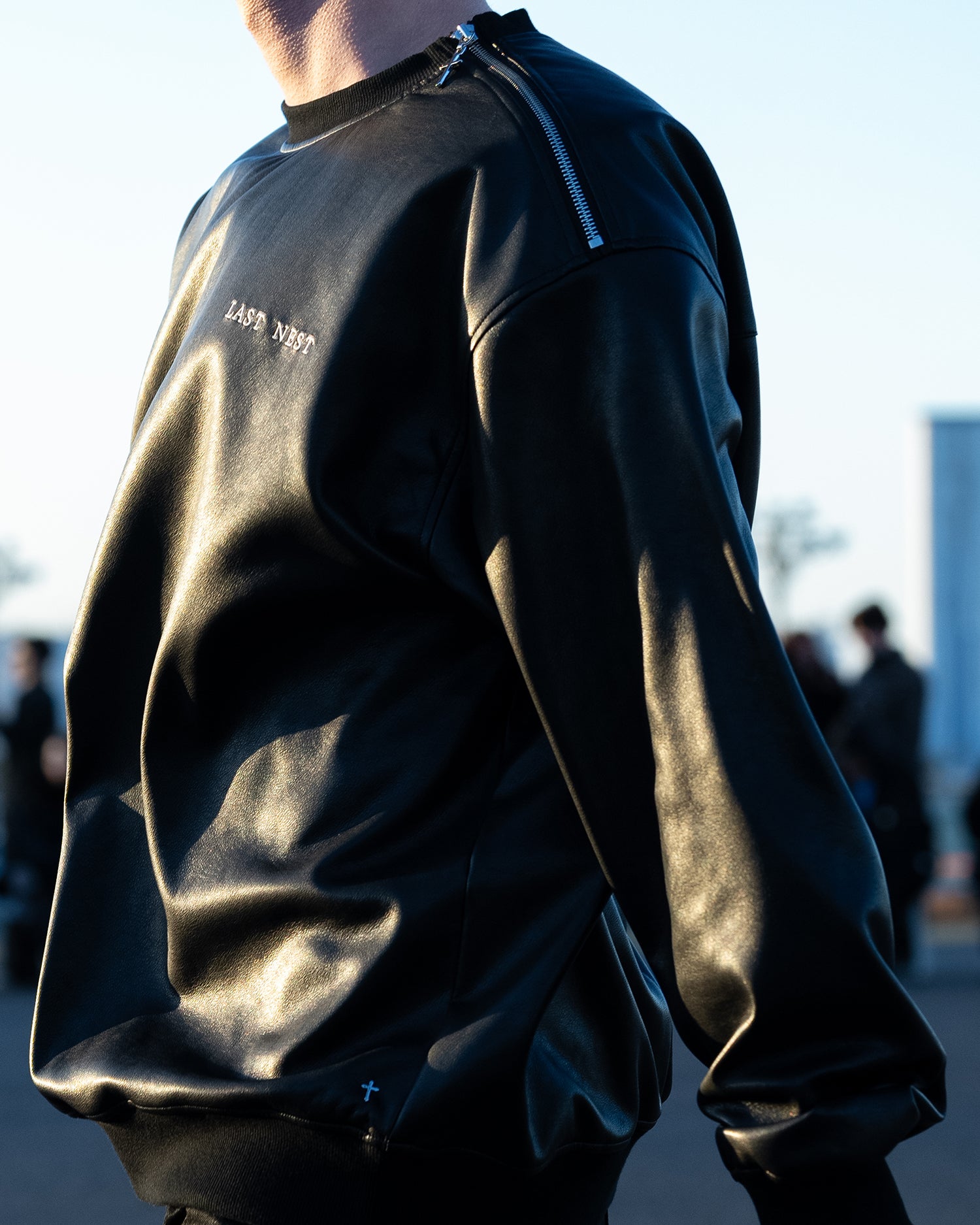 Faux Leather Crewneck / Black