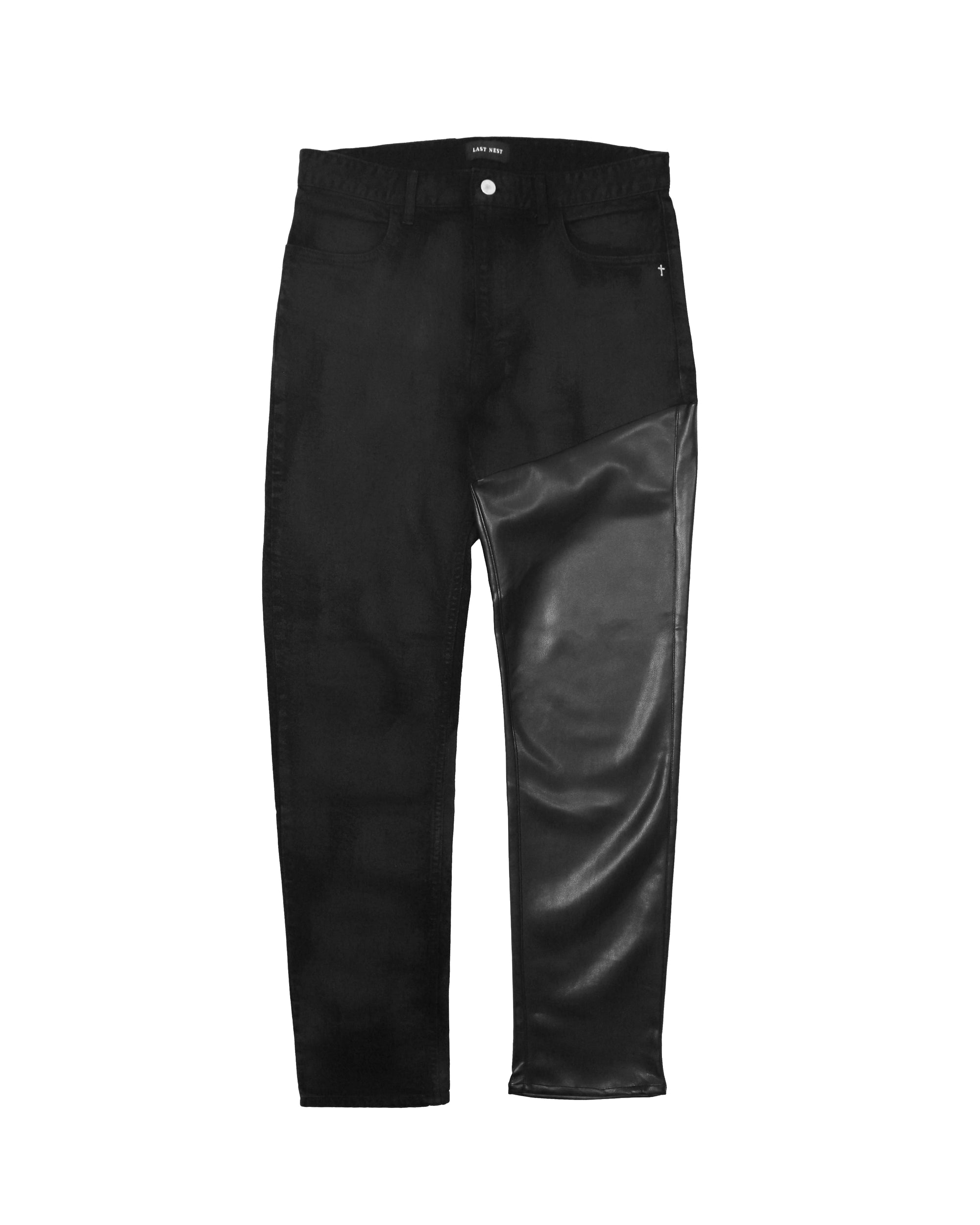 Faux Leather Denim Switching Pants / Black