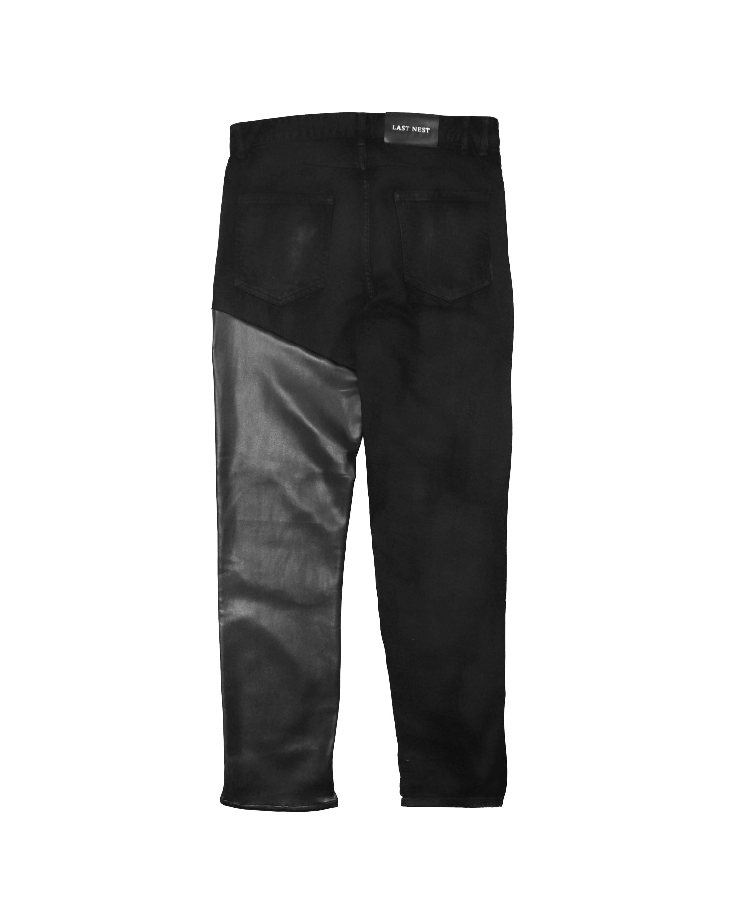 Faux Leather Denim Switching Pants / Black