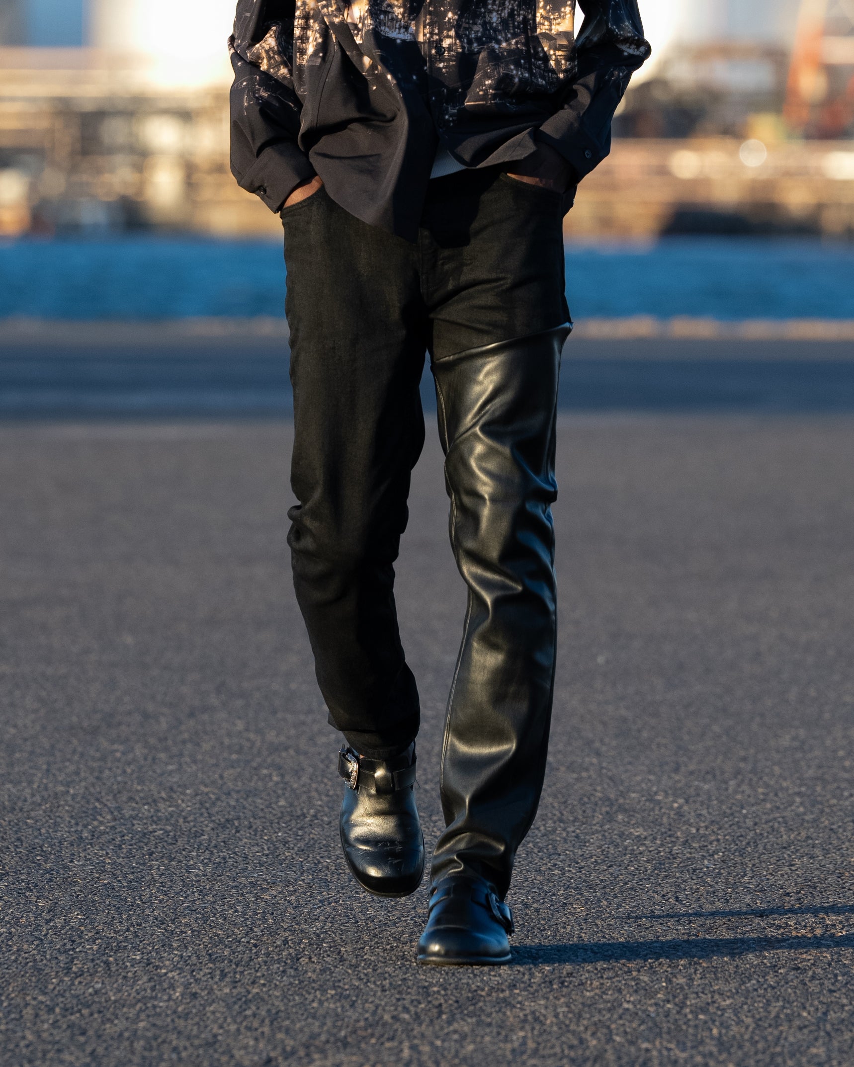 Faux Leather Denim Switching Pants / Black