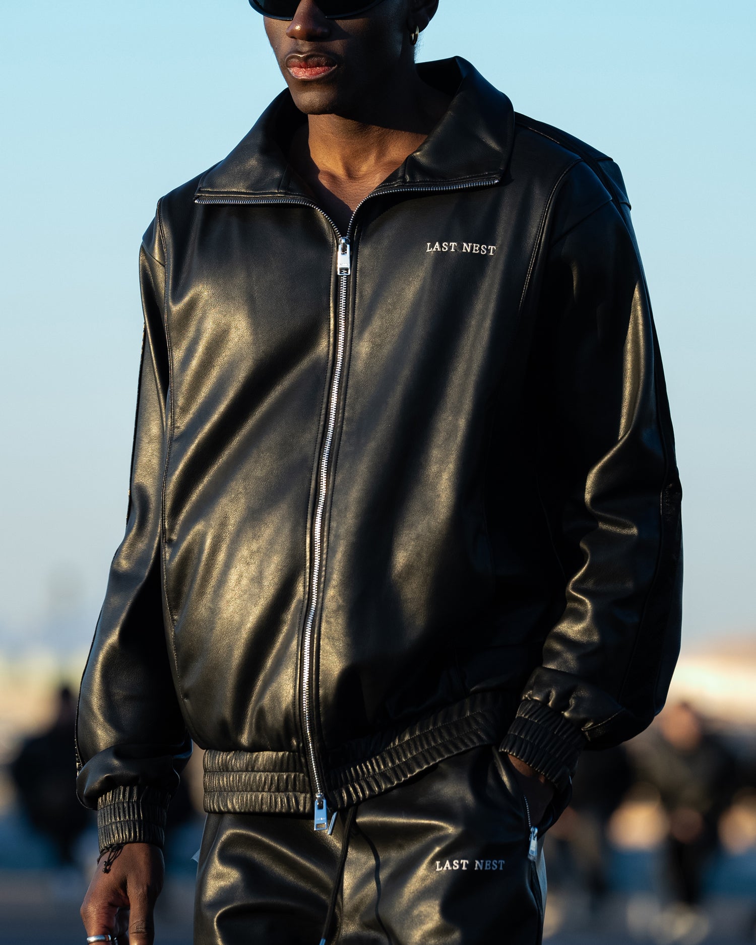 Faux Leather Track Jacket / Black
