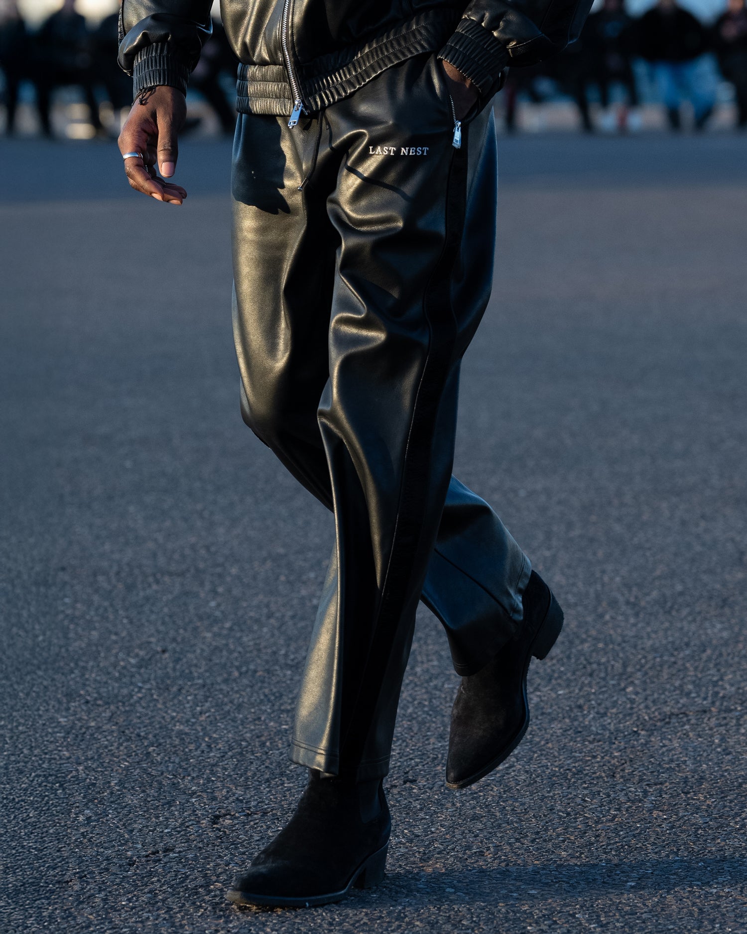 Faux Leather Track Pants / Black