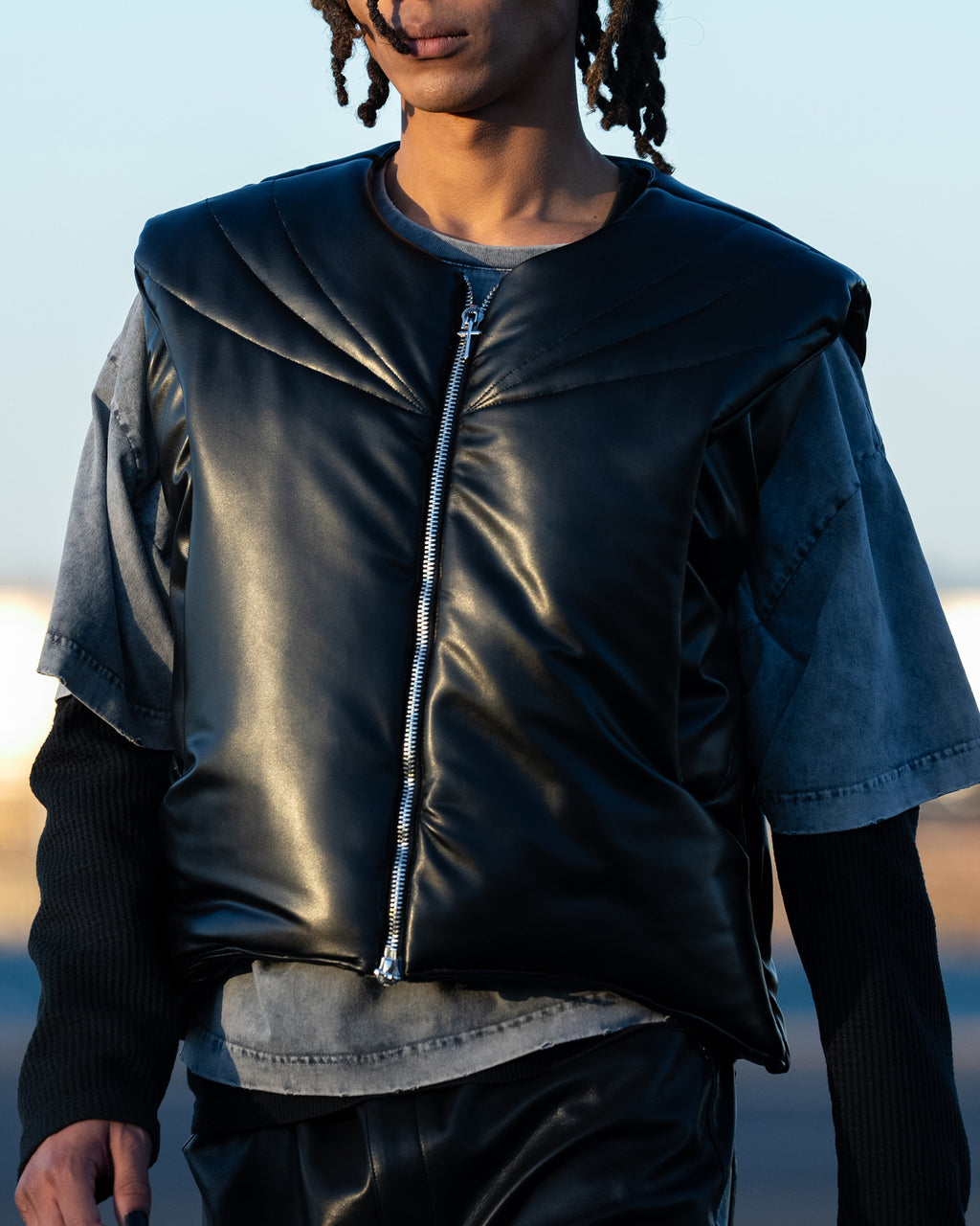 Faux Leather Padded Vest (×Grouture) / Black